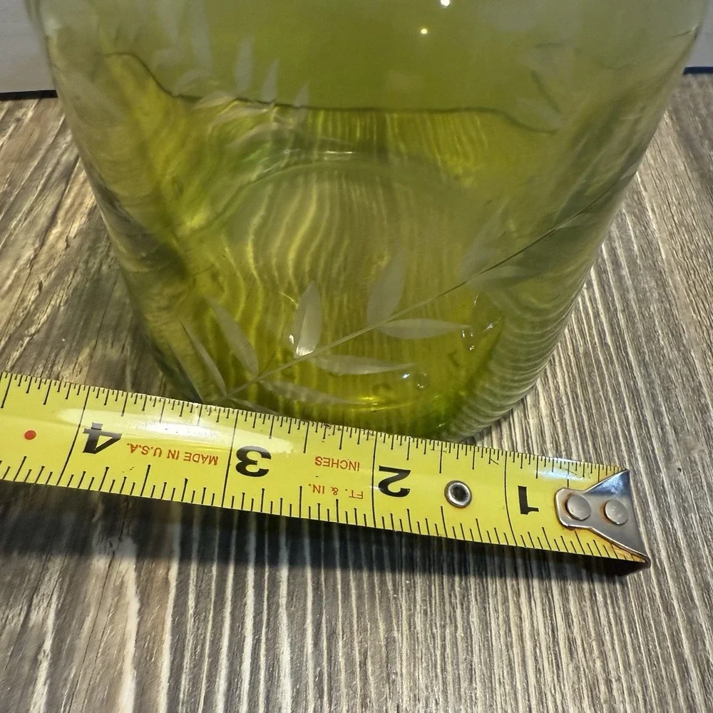 Green Glass Vase With Leaf Etching‎ Stunning